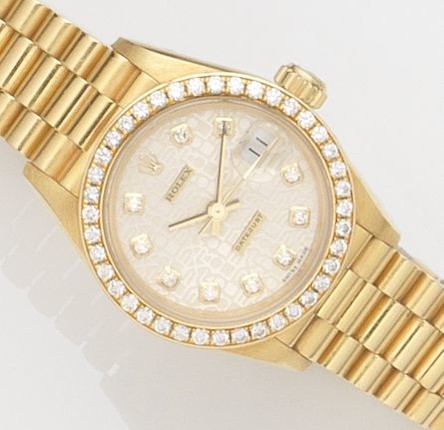 Rolex. A lady's 18ct gold automatic calendar bracelet watch with box and papersRef69138, Case No.W677***, Movement No.3292***, Sold 6th September 1996 image 1