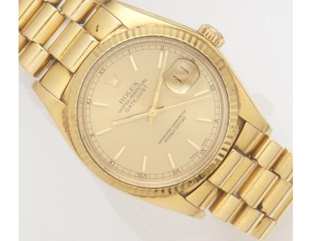 Rolex. An 18ct gold automatic calendar bracelet watchDatejust, Ref:16018, Case No.6087***, Movement No.0283***, Circa 1979