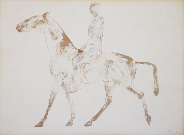 Dame Elisabeth Frink R.A. (British, 1930-1993) The Grey Rider (Wiseman 39) Lithograph printed in grey and brown, 1970, on TH Saunders, signed and numbered 471/500 in pencil, printed by Curwen Studio, published by Leslie Waddington Prints Ltd., London, with margins, 586 x 785mm (23 1/8 x 30 7/8in)(SH)