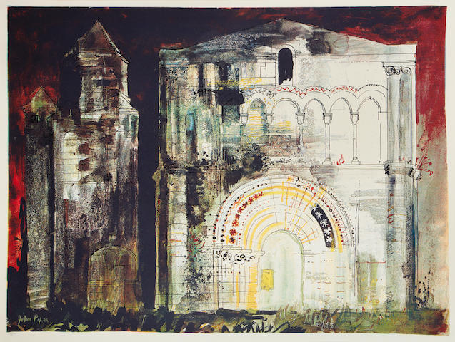 John Piper C.H. (British, 1903-1992) St Simon de Pelouaille, Charente (Levinson 186) Screenprint in colours, 1968, on J.Green, signed in yellow crayon lower left, numbered 61/70 in pencil, printed by Kelpra Studio, published by Marlborough Fine Art, 565 x 785mm (22 1/4 x 30 7/8in)(I)(unframed)