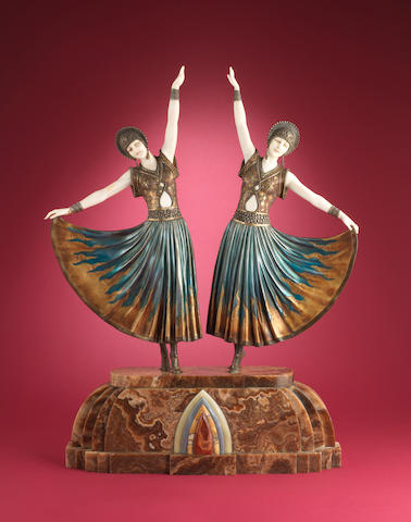 Demetre Chiparus 'The Dolly Sisters' an Important Large Size Art Deco Cold-Painted Bronze and Carved Ivory Group, circa 1925