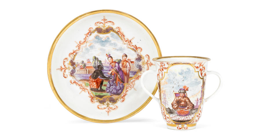 A rare early Meissen double-handled beaker and saucer, circa 1723