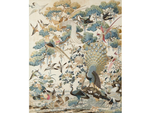 A pair of silk embroidered, 'One Hundred Birds' panels