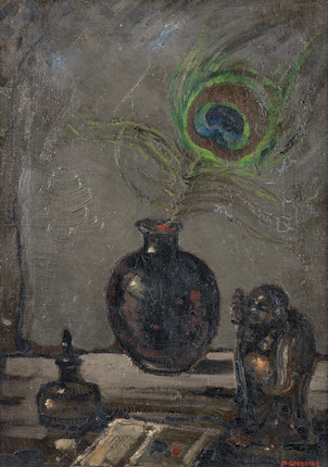 Pieter Willem Frederick Wenning (South African, 1873-1921) Still life of peacock feather and Buddha image 1