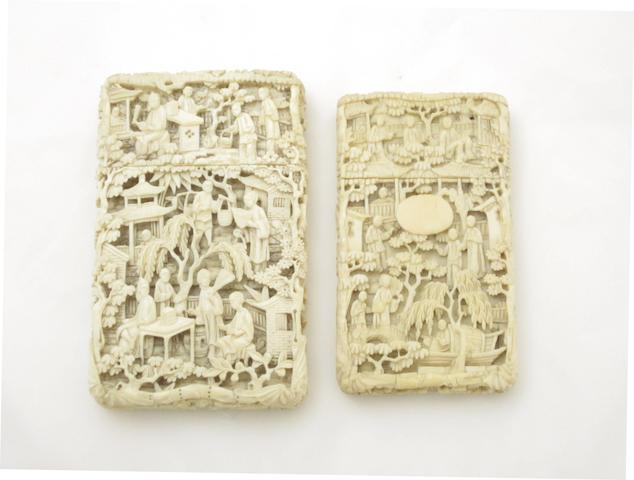 Two Canton export ivory card cases and a carved ivory photograph frame 19th century