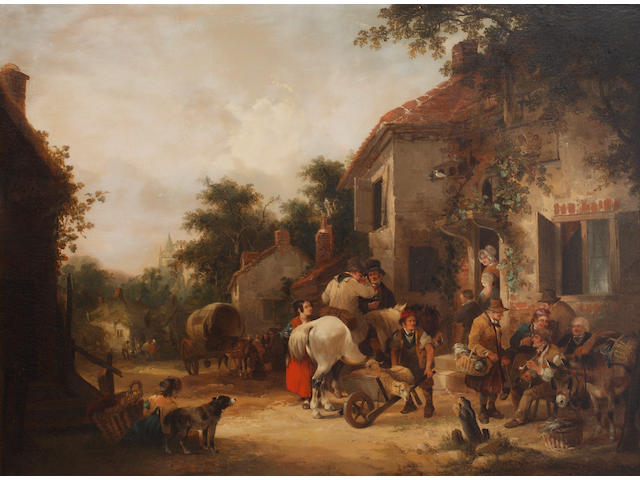 William Shayer, Snr. (British, 1787-1879) Market day, with numerous country folk outside a country inn
