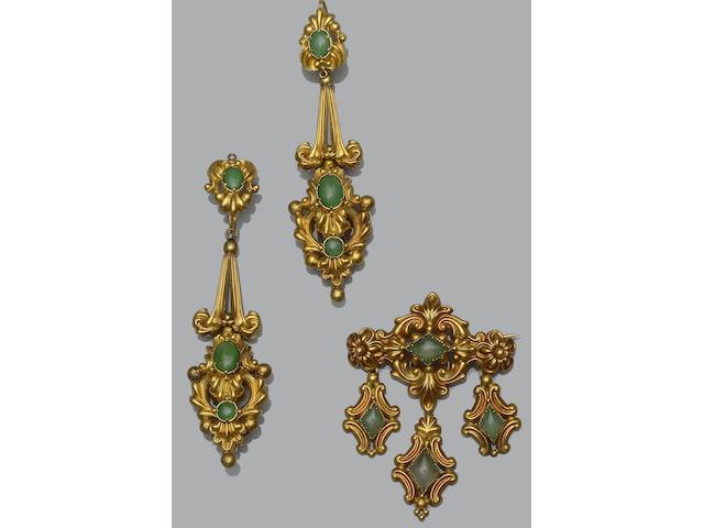 A pair of green stone earpendants and a matched brooch