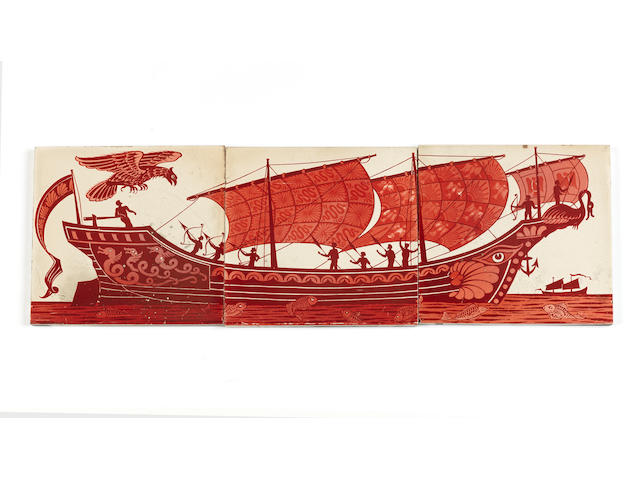 A William de Morgan three tile ruby lustre galleon panel Circa 1880