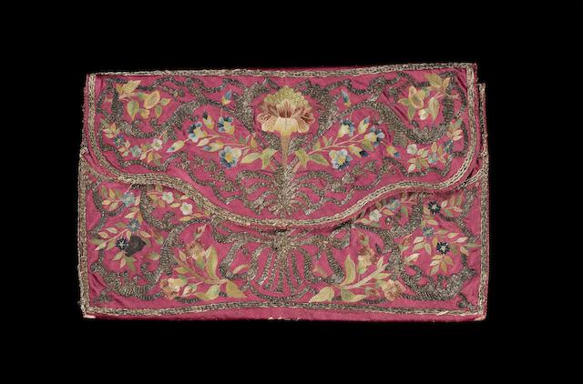Bonhams : An embroidered red silk Ottoman Purse Turkey, 18th Century