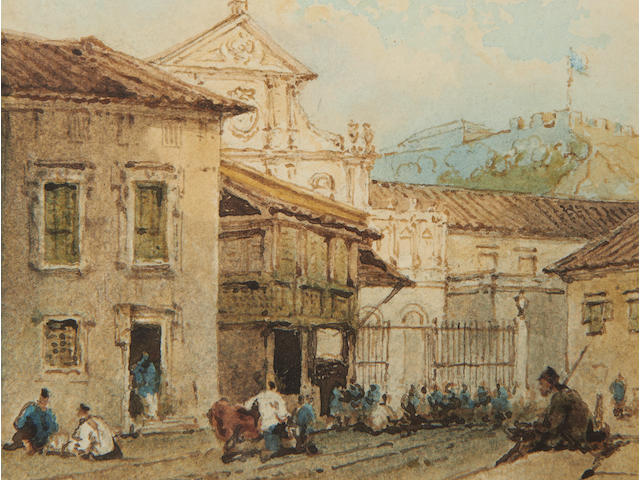 George Chinnery RHA (British, 1774-1852) A street scene near S&#227;o Domingos church, Macau