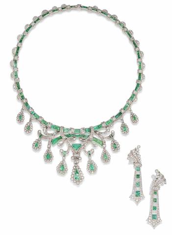 Bonhams : An emerald and diamond necklace and earring suite,