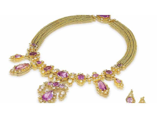 A gold cannetille, pink topaz and diamond demi-parure, (3)