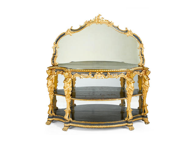 A late 19th/early 20th century giltwood, ebonised and composition side cabinet in the Rococo revival style