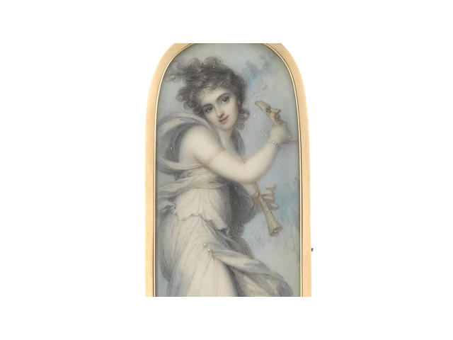 Richard Cosway R.A. (British, 1742-1821) A rare portrait miniature of the Muse Thalia, goddess of comedy and pastoral poetry, wearing white Classical robes fastened with pearls at her upper right thigh, gold armlet and pearl bracelet on her right arm, gold ankle bracelets, her brown hair loosely curled and upswept, she holds a pipe in her left hand and the mask of Comedy raised aloft in her right