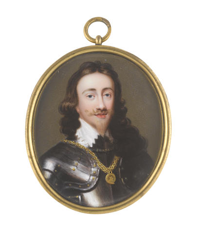 John Plott (British, 1722-1803), after Sir Anthony van Dyck A rare portrait miniature by the artist portraying Charles I (1600-1649), King of England, Scotland and Ireland (1625-1649), wearing breast plate and studded pauldrons, gold collar with badge of the Order of the Garter, white chemise with van Dyke collar, his loosely curling hair falling to his shoulders