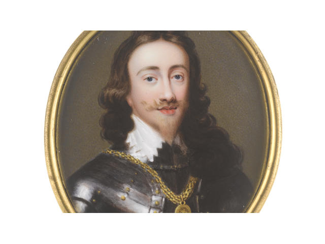 John Plott (British, 1722-1803), after Sir Anthony van Dyck A rare portrait miniature by the artist portraying Charles I (1600-1649), King of England, Scotland and Ireland (1625-1649), wearing breast plate and studded pauldrons, gold collar with badge of the Order of the Garter, white chemise with van Dyke collar, his loosely curling hair falling to his shoulders