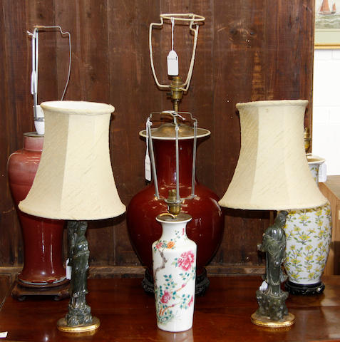 Collective table lamps,comprising two Chinese Sang De Boef, two soapstone and two others (6)