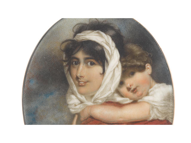 George Chinnery RHA (British, 1774-1852) An important portrait miniature, probably of Anne Thackeray (n&#233;e Becher) (1792-1864) and her son William Makepeace Thackeray (1811-1863); the former, wearing saffron dress with short bouffant sleeves and cord belt, her son secured onto her back within the seat of her crimson shawl, her dark hair upswept beneath a white striped bandeau tied loosely beneath her chin, her right hand pointing to her face; the latter, wearing white chemise, his brown hair curling naturally, his arms wound about his mother's neck