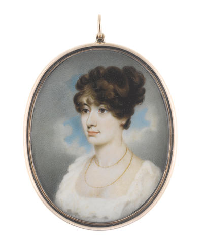 George Chinnery RHA (British, 1774-1852) A Lady, wearing white dress with frilled trim to her d&#233;collet&#233;, double-stranded gold necklace, her dark hair curled and upswept