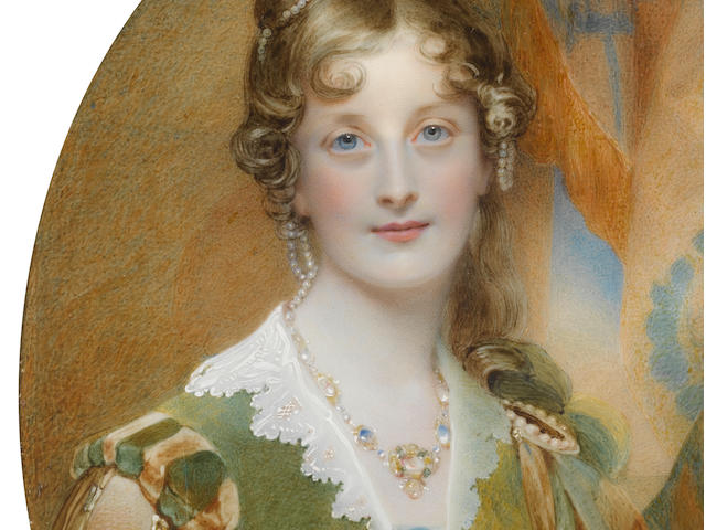 Sir William Charles Ross (British, 1794-1860) Jane Digby, Lady Ellenborough (1807-1881), seated before an aperture and hanging drapery, wearing India green dress with amber and green shoulder rolls, her jewelled sleeves slashed to reveal amber, her neckline edged with white lace, teal underdress, a burnt orange, teal and sea green stole pinned at her left shoulder with a pearl brooch, saffron jewelled sash, sapphire and emerald pendant necklace, her blonde hair partially curled and upswept, dressed with strands of pearls (cracked)