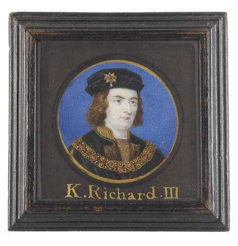 Bernard Lens (British, 1682-1740) Richard III (1452-1485), the last Plantagenet King of England (1483-1485), wearing dark green Houppelande edged with brown fur and slashed at the sleeve to reveal brown doublet striped with gold, white linen shirt, black cap with teardrop pearl suspended from a gold jewelled clasp, matching jewelled collar worn over his Houppelande, painted against a blue ground with gold border