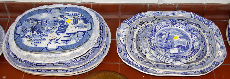 A Large collection of 19th Century blue and white meat platters and plates,