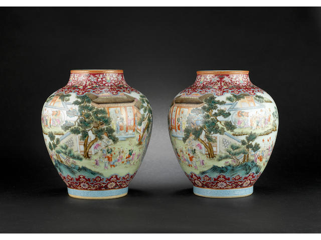 A pair of famille rose, 'hundred boys' vases Jiaqing red-enamelled six-character seal marks