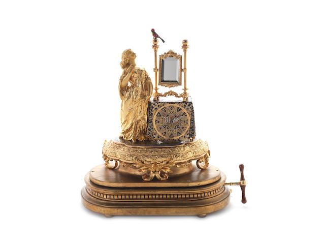 A rare and fine deux-ton gilt ormolu and enamel oiseau chantant mantle timepiece automaton, by Bontems circa 1890,