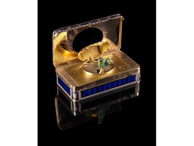 The Charles X gold, enamel and split-seed pearl oiseau chantant and musical portrait box, made most probably as a direct commission circa 1799-1802,