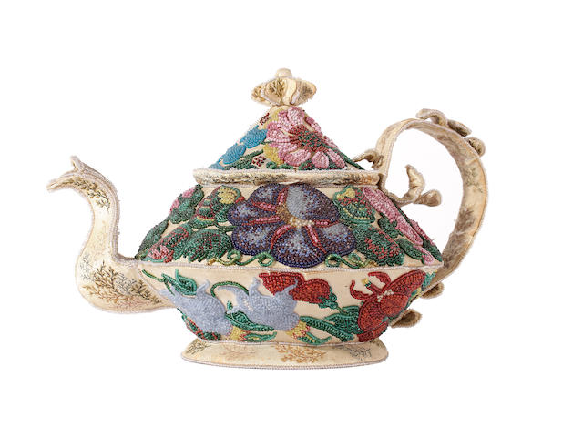 A rare, if not unique, mid Victorian beadwork on silk teapot