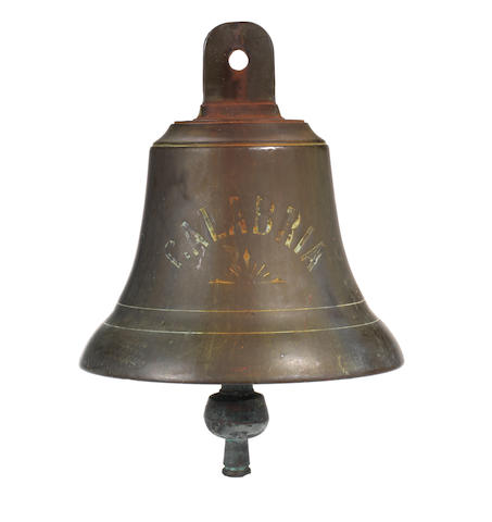 A bronze ship's bell, SS Calabria 1922. 9ins. (23cm)diam.