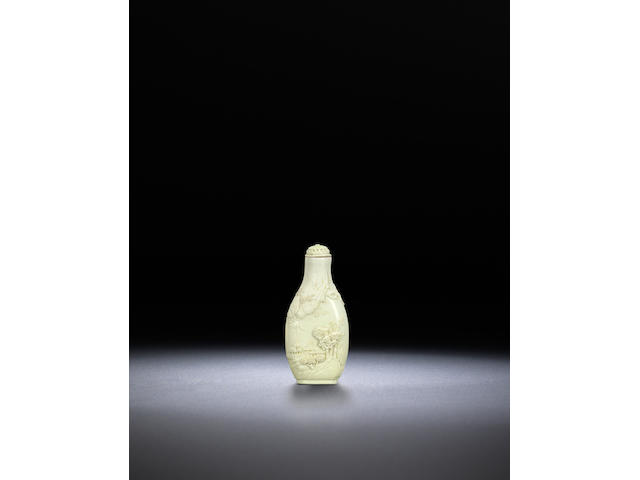 A pale yellow porcelain carved 'landscape' snuff bottle Yao Weidong, Jingdezhen, 1815-1860