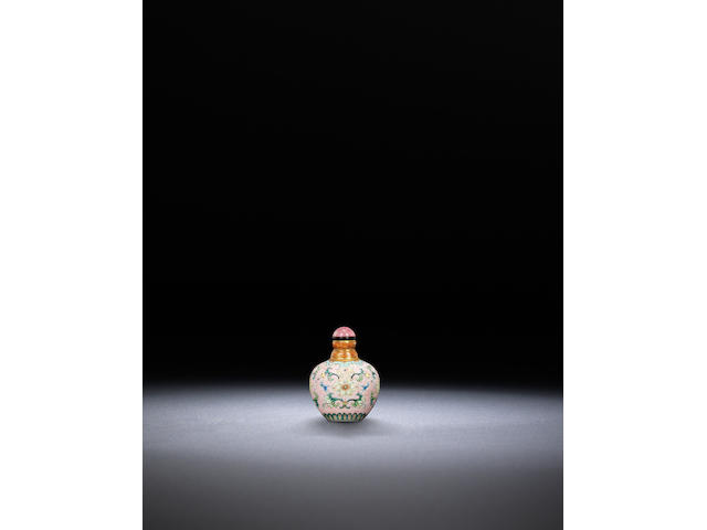 A 'famille-rose' enamel on porcelain 'lotus and chrysanthemum' snuff bottle Qianlong iron-red four-character seal mark and of the period