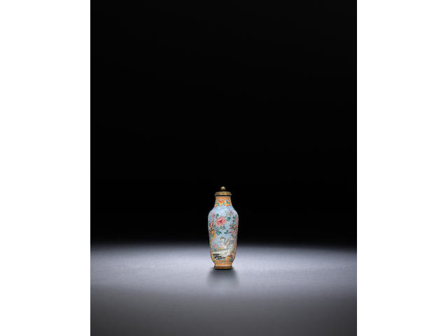 An enamel on copper 'birds and plants' snuff bottle Guangzhou, Qianlong black-enamelled four-character mark and of the period