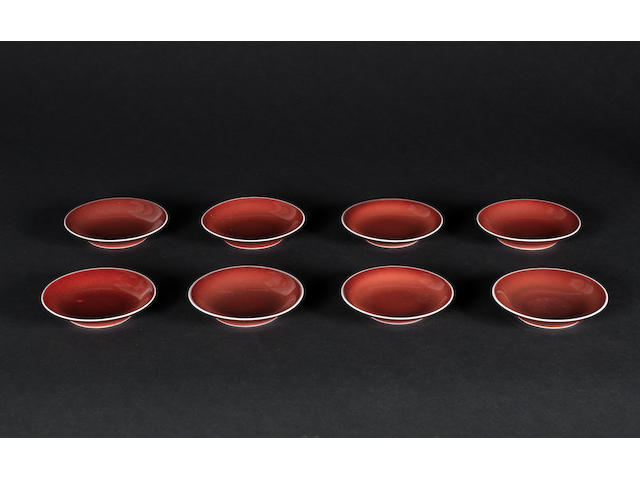 A set of eight sang-de-bouef dishes Qianlong six-character marks
