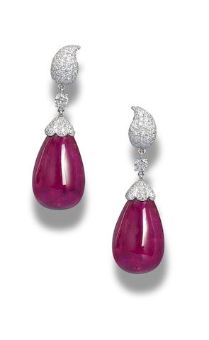 Bonhams : A pair of rubellite and diamond earrings