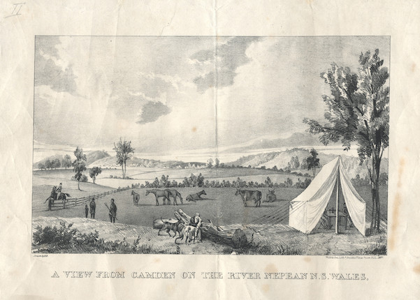 AUSTRALIA. Two early drawings of settlers and aborigines in New South Wales, both by Robert Dixon, with their corresponding later published lithographs; and 2 others, c.1833-1835 (6) image 1