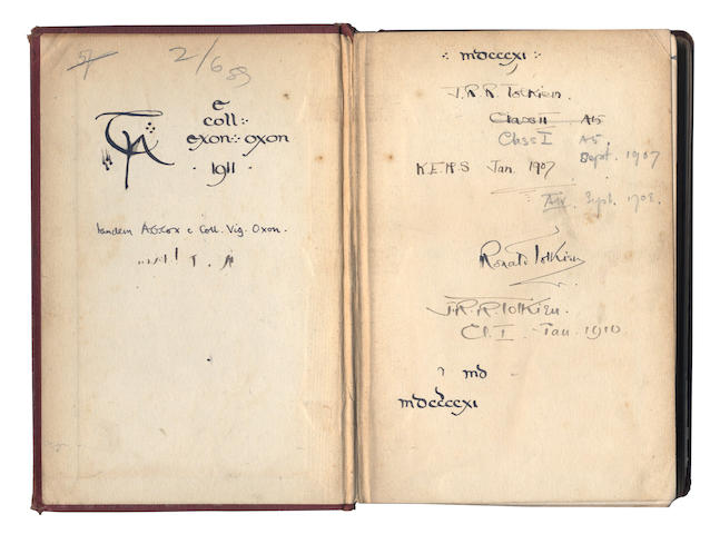 TOLKIEN (J.R.R.) Tolkien's copy of Arthur Sidgwick's Introduction to Greek Prose Composition with Exercises (1902), used by him as a pupil at King Edward VI's Grammar School, Birmingham, and as an undergraduate at Exeter College, Oxford, inscribed with many youthful variants of his signature and accompanying dates, 1907-1911