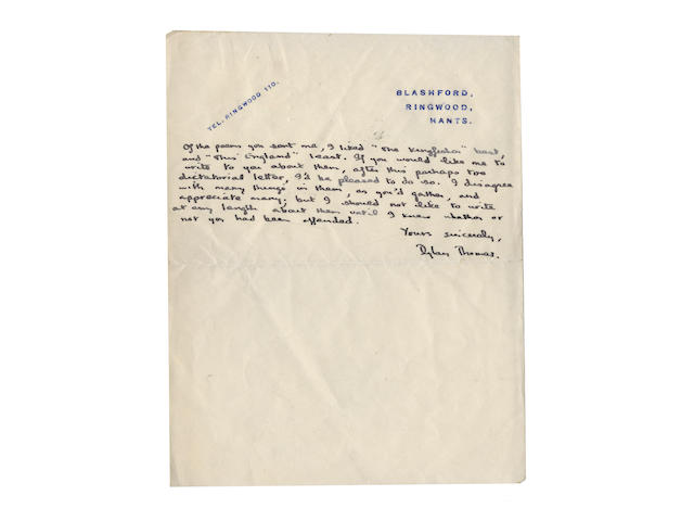 THOMAS (DYLAN) Autograph letter signed ("Dylan Thomas"), to Guy Hartcup, A MAGNIFICENT POETIC CREDO BY DYLAN THOMAS, WRITTEN IN PRAISE OF W.H. AUDEN AND THE CRAFT OF POETRY, 1938