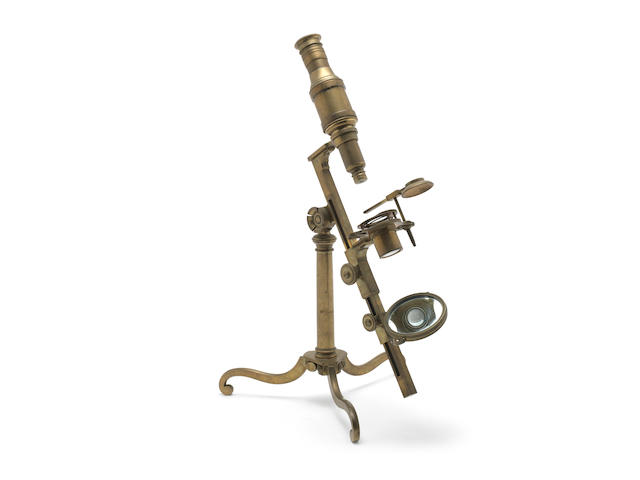 A large George Adams brass compound monocular microscope, English, late 18th century,