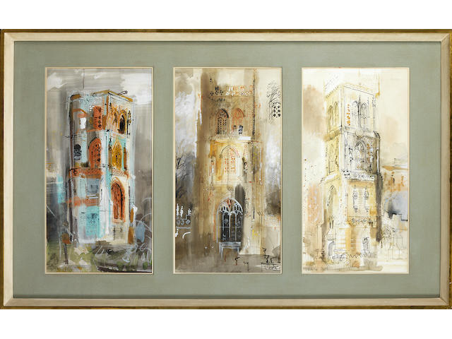 John Piper C.H. (British, 1903-1992) Three Somerset Towers each sheet 68 x 35 cm. (26 3/4 x 13 3/4 in.); overall 68 x 121 cm. (26 3/4 x 47 2/3 in.)