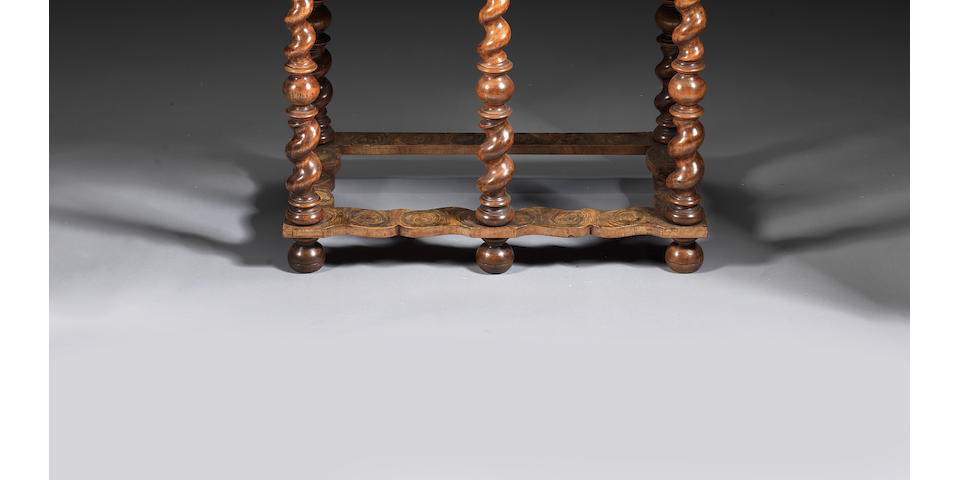 A Charles II oyster-veneered olivewood, marquetry and embroidered raised work cabinet on a later stand