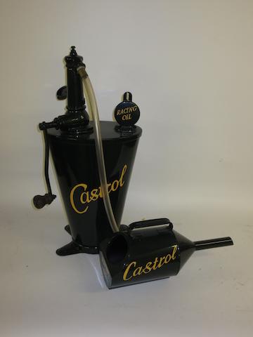 A Castrol Racing oil dispenser and a matching pourer,