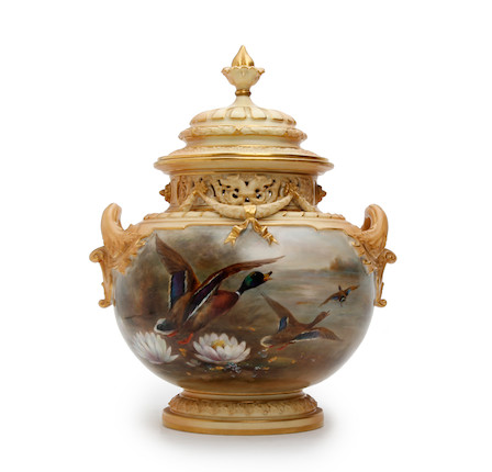 A Royal Worcester vase and cover, painted by James Stinton Dated 1908 image 1