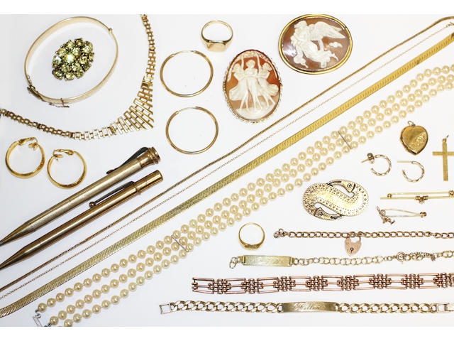 A collection of assorted jewellery and costume jewellery,including an 18ct gold open faced pocket watch, a 9ct gold identity bracelet, a 9ct gold gate-link bracelet, further gold chains, rings and earrings, two cameo brooches, two chain belts, assorted paste items, etc.
