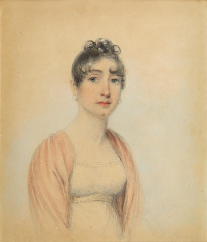 James Green (British, 1771-1834) A Lady, wearing white dress with embroidery to her d&#233;collet&#233;, pale yellow sash, gold hooped earrings, a coral shawl draped over her shoulders, her dark hair curled and upswept