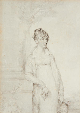The artist signing 'A. Bond', dated 1805 A Lady, standing in a landscape beside a stone column, wearing coat, dress and chemise with frilled open collar, her bonnet in her be-gloved left hand, her right elbow resting on the plinth of the column, her other glove held loosely in her right hand, her hair upswept, loosely curled and plaited