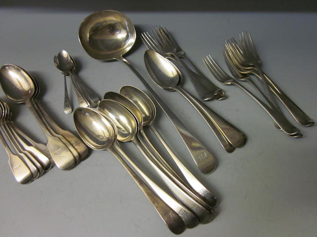 Six bottom marked silver Hanoverian tablespoons, marks rubbed,