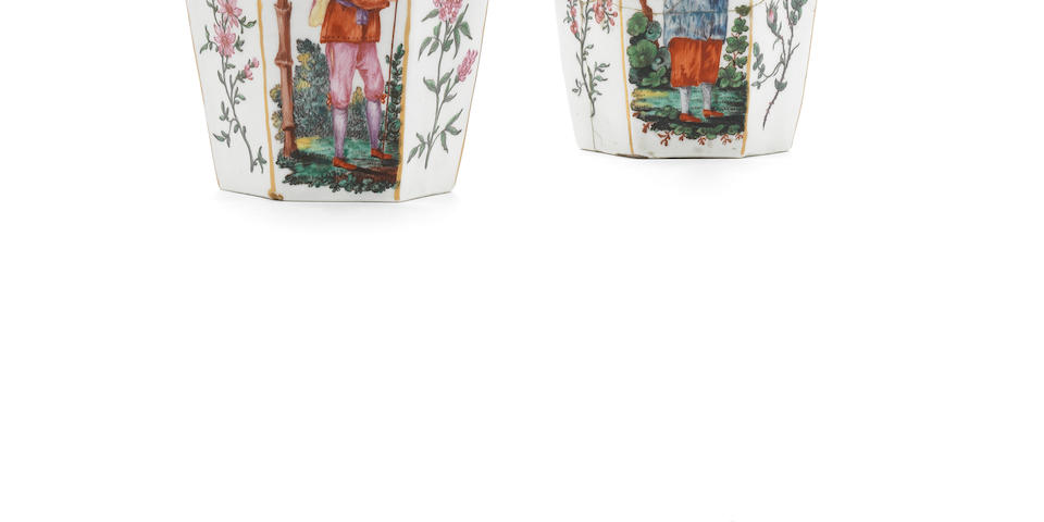 A remarkable pair of Worcester hexagonal vases decorated in the Giles Workshop, circa 1765-68