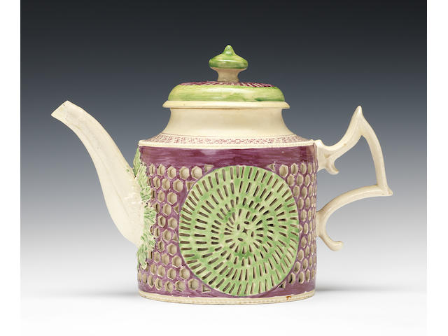 An exceptional Yorkshire creamware double-walled teapot and cover, circa 1775-80